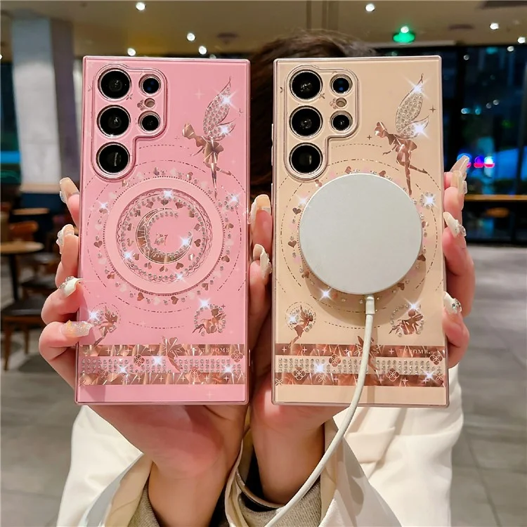 Für Samsung Galaxy S24 Ultra Magnetische Hülle Stern-Mond-Muster Strass-Dekor TPU+PC Handyhülle - Pink