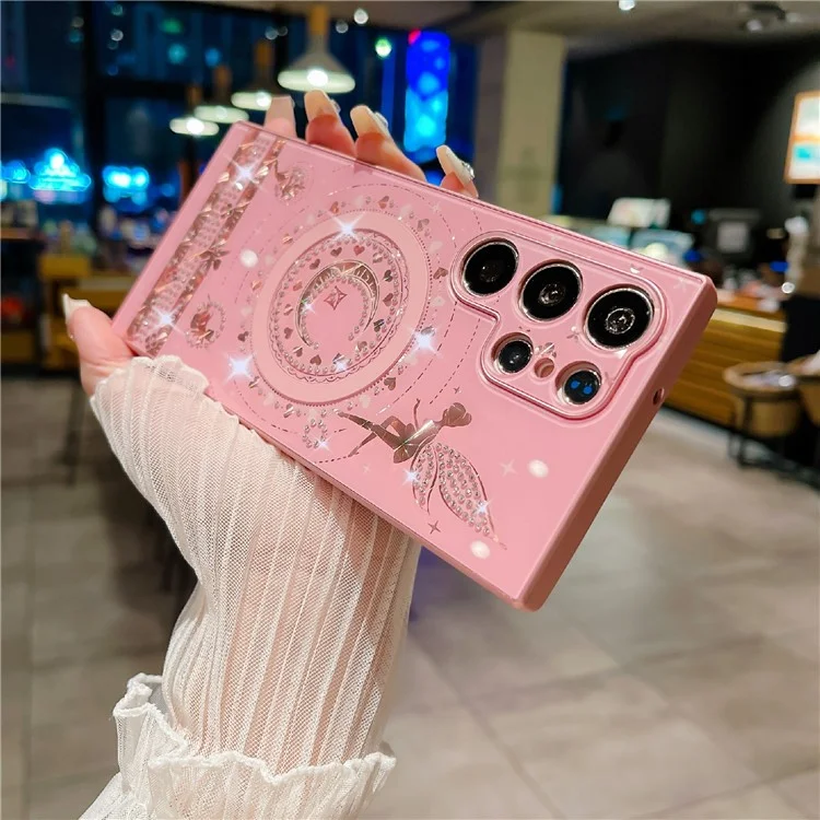 Für Samsung Galaxy S24 Ultra Magnetische Hülle Stern-Mond-Muster Strass-Dekor TPU+PC Handyhülle - Pink