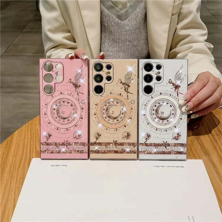 Für Samsung Galaxy S24 Ultra Magnetische Hülle Stern-Mond-Muster Strass-Dekor TPU+PC Handyhülle - Pink