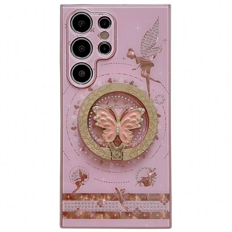 For Samsung Galaxy S24 Ultra Magnetic Case Kickstand TPU+PC Phone Cover Butterfly Pattern Rhinestones Decor - Pink