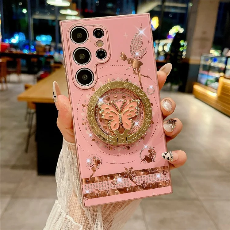 For Samsung Galaxy S24 Ultra Magnetic Case Kickstand TPU+PC Phone Cover Butterfly Pattern Rhinestones Decor - Pink