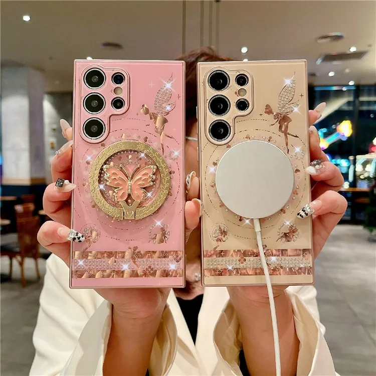 For Samsung Galaxy S24 Ultra Magnetic Case Kickstand TPU+PC Phone Cover Butterfly Pattern Rhinestones Decor - Pink