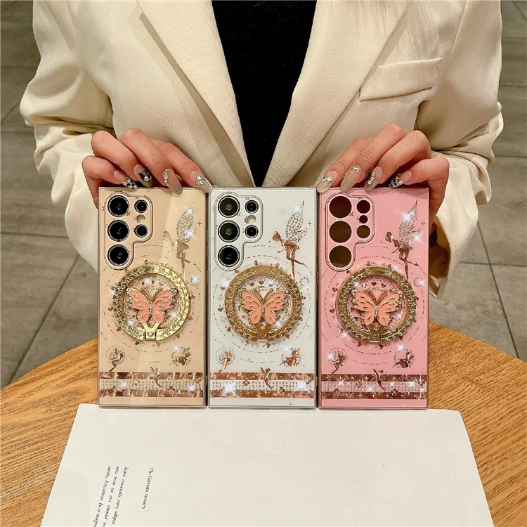 For Samsung Galaxy S24 Ultra Magnetic Case Kickstand TPU+PC Phone Cover Butterfly Pattern Rhinestones Decor - Pink