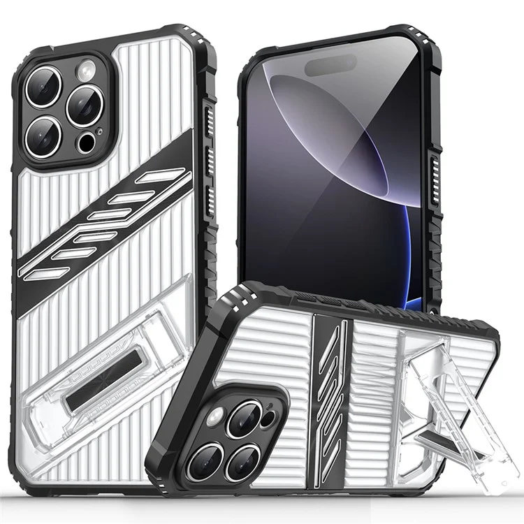 Étui de protection pour iPhone 16 Pro avec support pliant, en PC + TPU, résistant aux chocs - Noir transparent