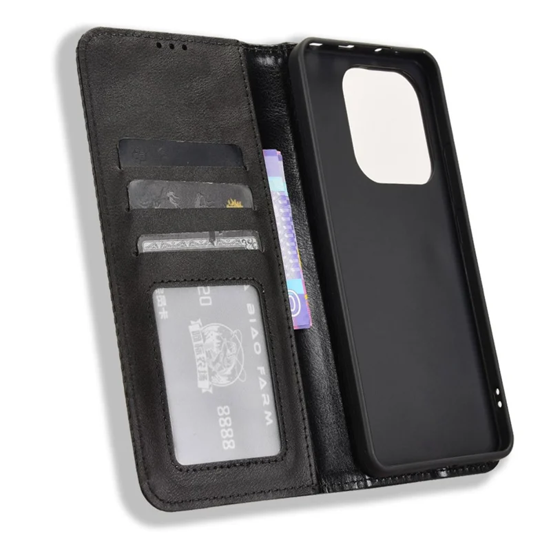 For Xiaomi Redmi Note 14 4G (163.25mm) Leather Case Wallet Stand Retro Texture Phone Cover - Black