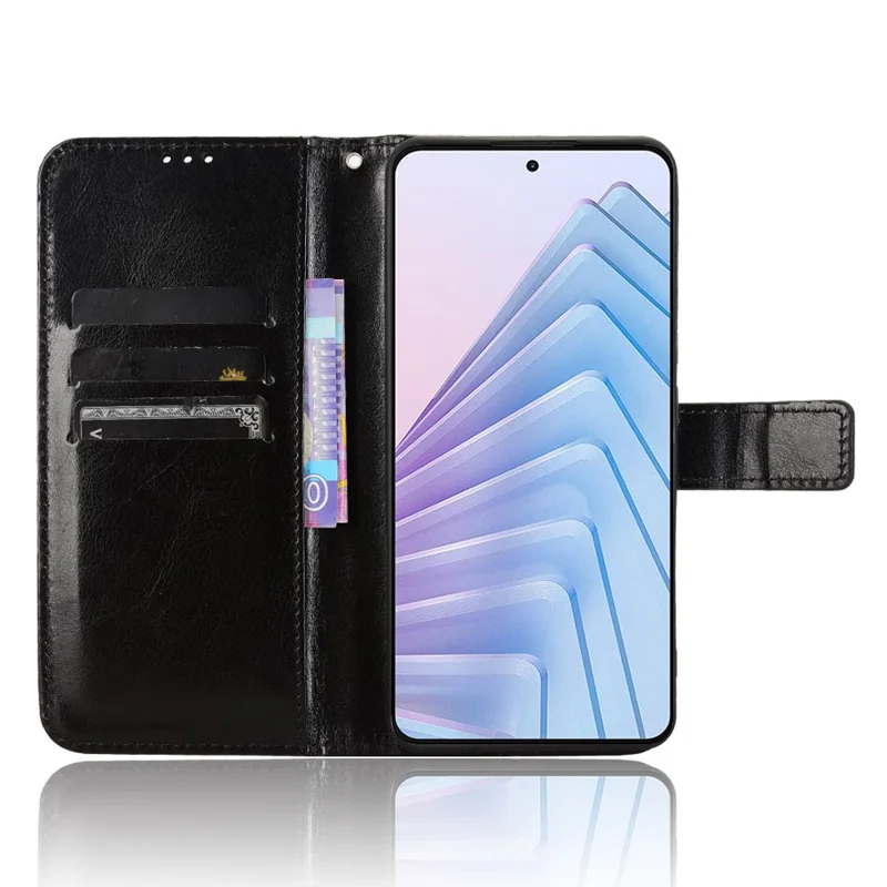 For Xiaomi Redmi Note 14 4G (163.25mm) Case Crazy Horse Texture PU Leather Phone Wallet Cover - Black