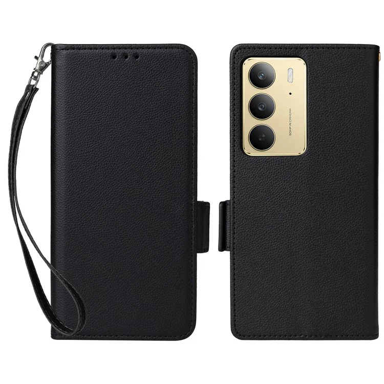 Кожаный чехол для Realme 14x 5G / V60 Pro / C75 с текстурой личи Бумажник Flip Phone Cover - Черный