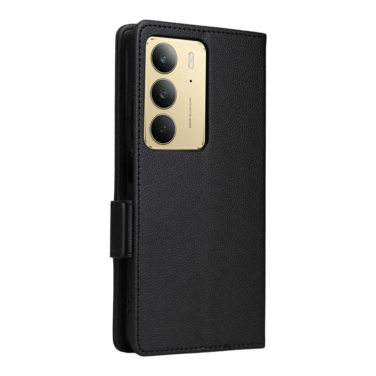 Кожаный чехол для Realme 14x 5G / V60 Pro / C75 с текстурой личи Бумажник Flip Phone Cover - Черный