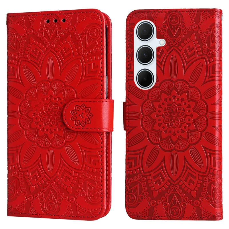 Voor Samsung Galaxy A56 5G hoesje met zonnebloemprint in lederen portemonnee-uitvoering - Rood
