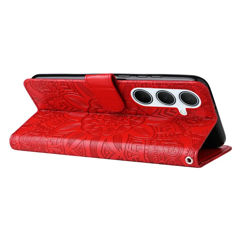 Voor Samsung Galaxy A56 5G hoesje met zonnebloemprint in lederen portemonnee-uitvoering - Rood