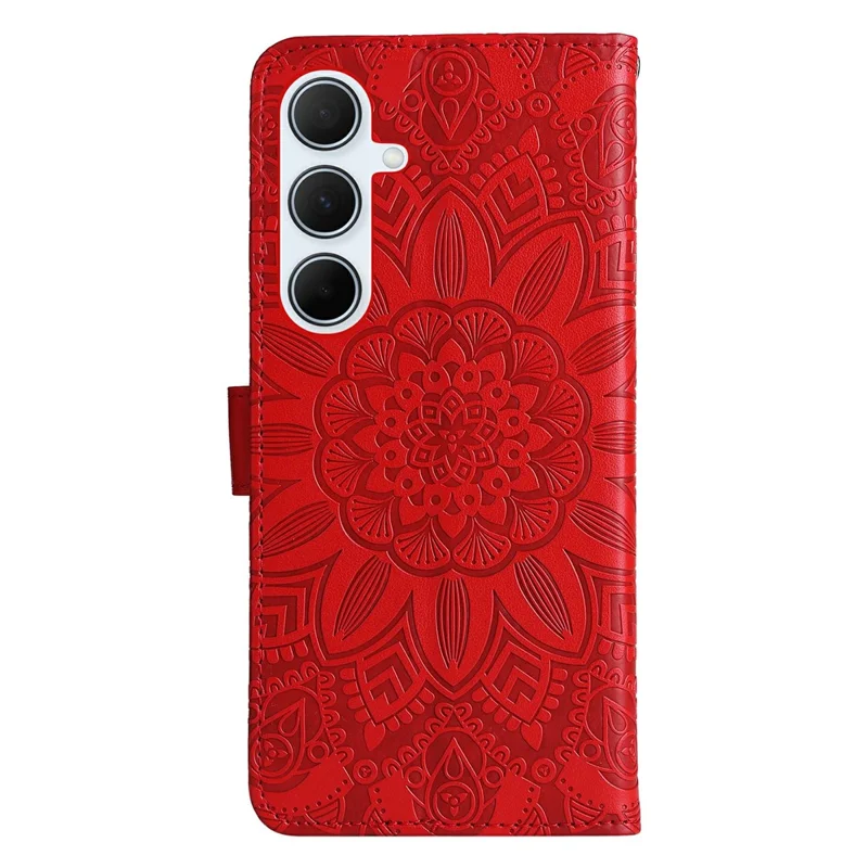 Voor Samsung Galaxy A56 5G hoesje met zonnebloemprint in lederen portemonnee-uitvoering - Rood
