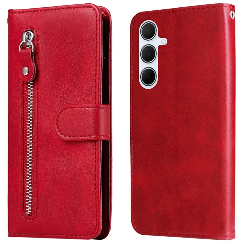 For Samsung Galaxy A36 5G Case Zipper Wallet Calf Texture PU Leather Phone Cover - Red