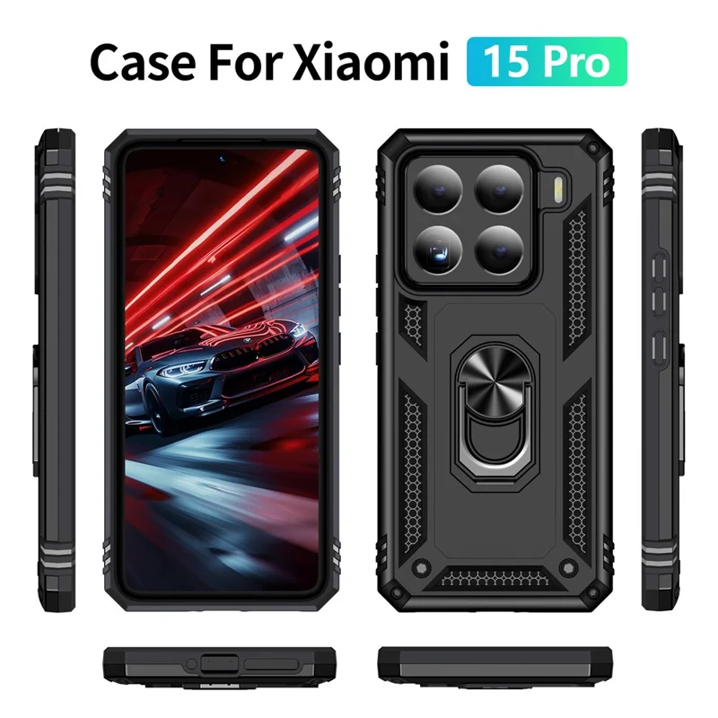 Fodral till Xiaomi 15 Pro PC + TPU med roterande ringstativ - Svart