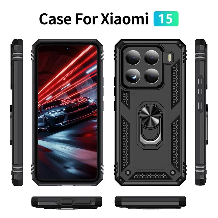 For Xiaomi 15 Case PC + TPU Phone Cover with Rotary Ring Kickstand - Black