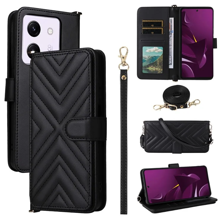 Für Xiaomi Poco M7 Pro 5G Brieftasche Hülle mit Schultergurt Leder Handyhülle - Schwarz