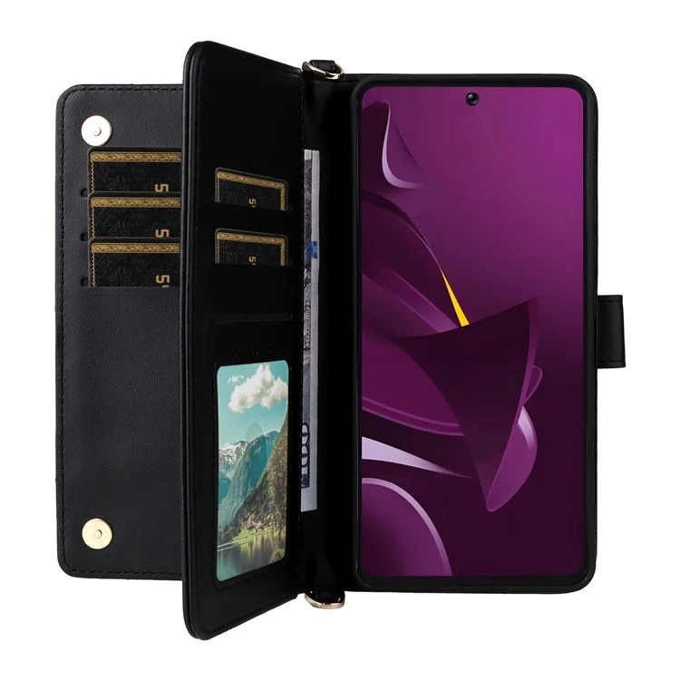 Für Xiaomi Poco M7 Pro 5G Brieftasche Hülle mit Schultergurt Leder Handyhülle - Schwarz
