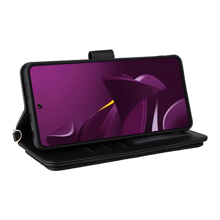Für Xiaomi Poco M7 Pro 5G Brieftasche Hülle mit Schultergurt Leder Handyhülle - Schwarz