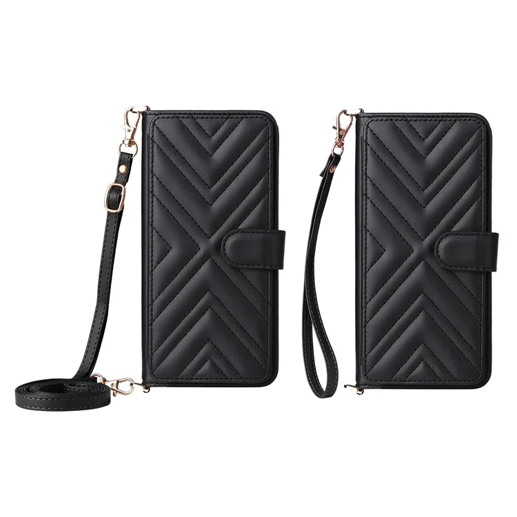 Für Xiaomi Poco M7 Pro 5G Brieftasche Hülle mit Schultergurt Leder Handyhülle - Schwarz