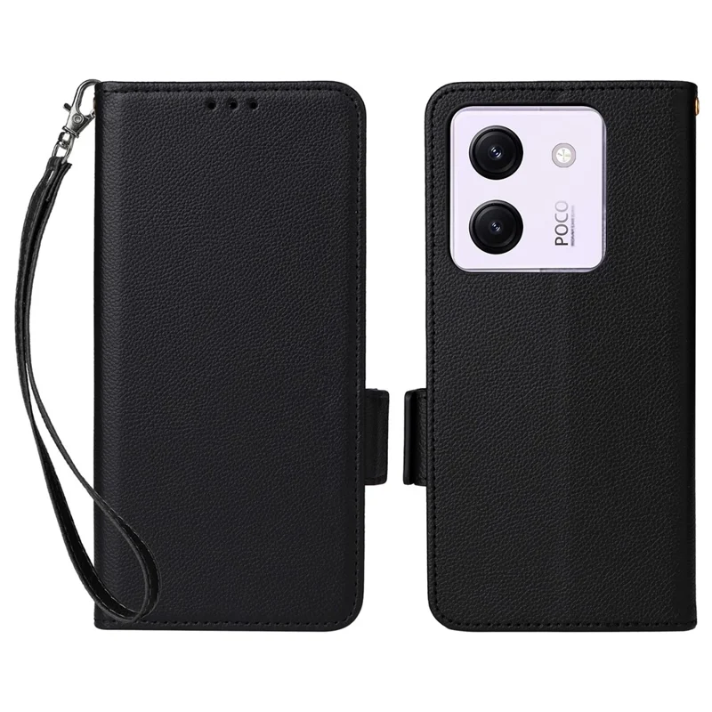For Xiaomi Poco M7 Pro 5G Case with Wrist Strap Litchi Texture PU Leather Wallet Phone Cover - Black