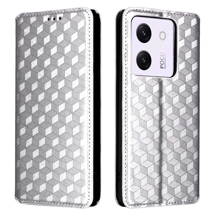 Für Xiaomi Poco M7 Pro 5G Geldbörsen-Hülle Rauten-Muster Geprägtes Leder Handyhülle - Silber