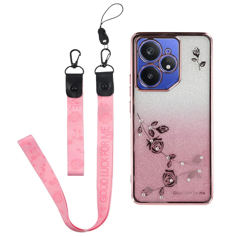 KADEM For Realme Neo7 5G Case Flower Pattern TPU Gradient Phone Cover with Lanyards - Rose Gold