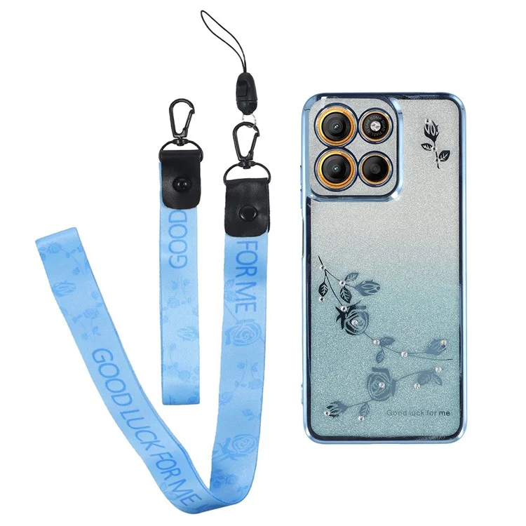 KADEM Funda para Motorola Moto G15 4G / G15 Power 4G Diseño de Flores Patrón TPU Gradiente Funda de Teléfono con Cordones - Azul