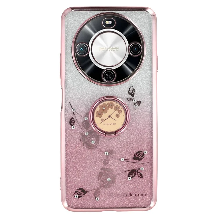KADEM For Wiko Hi Enjoy 70 Plus 5G Case Ring Kickstand TPU Flowers Phone Cover Gradient Glitter - Rose Gold
