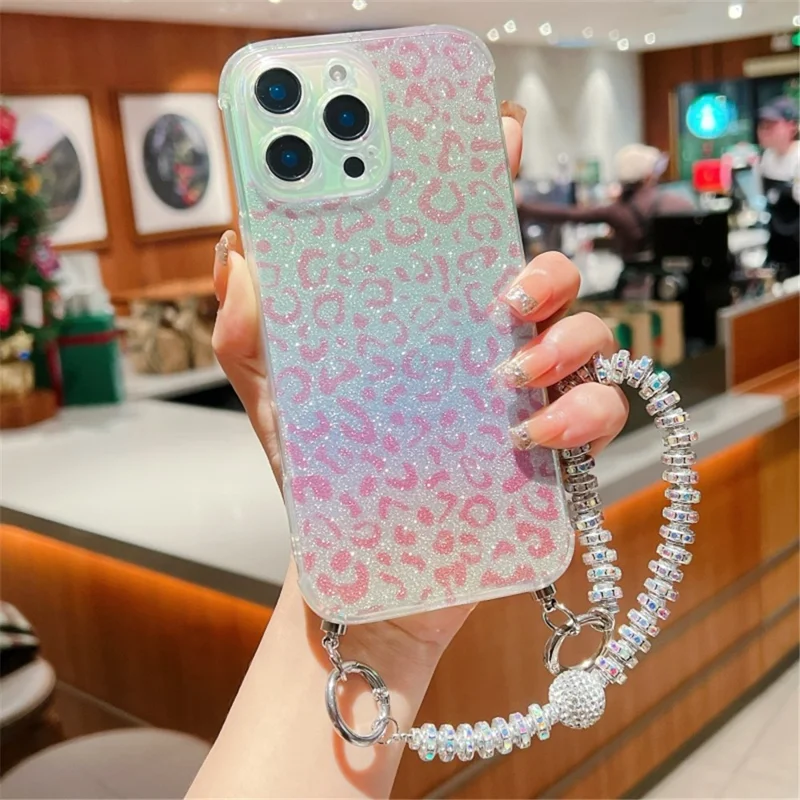 For iPhone 16 Pro Max Case Gradient TPU Phone Back Cover with Glitter Card Rhinestones Decor Strap - Pink