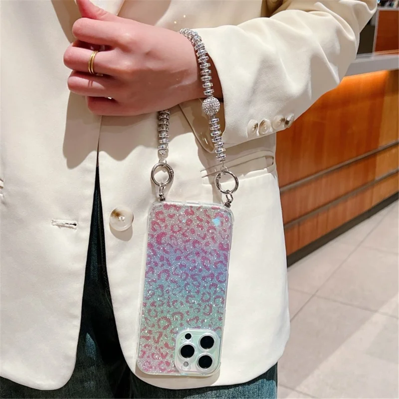 For iPhone 16 Pro Max Case Gradient TPU Phone Back Cover with Glitter Card Rhinestones Decor Strap - Pink