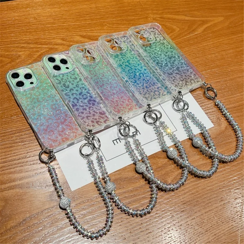 For iPhone 16 Pro Max Case Gradient TPU Phone Back Cover with Glitter Card Rhinestones Decor Strap - Pink