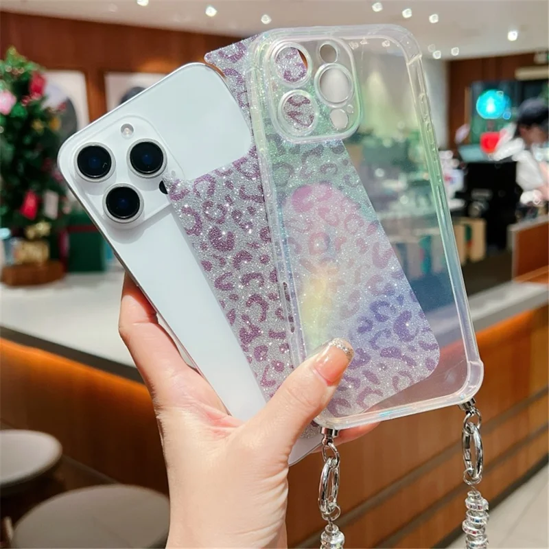 For iPhone 16 Pro Case Gradient TPU Phone Back Cover with Glitter Card Rhinestones Decor Strap - Pink