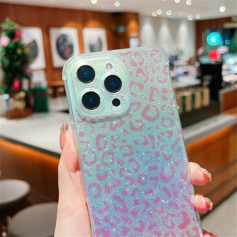 For iPhone 16 Pro Case Gradient TPU Phone Back Cover with Glitter Card Rhinestones Decor Strap - Pink