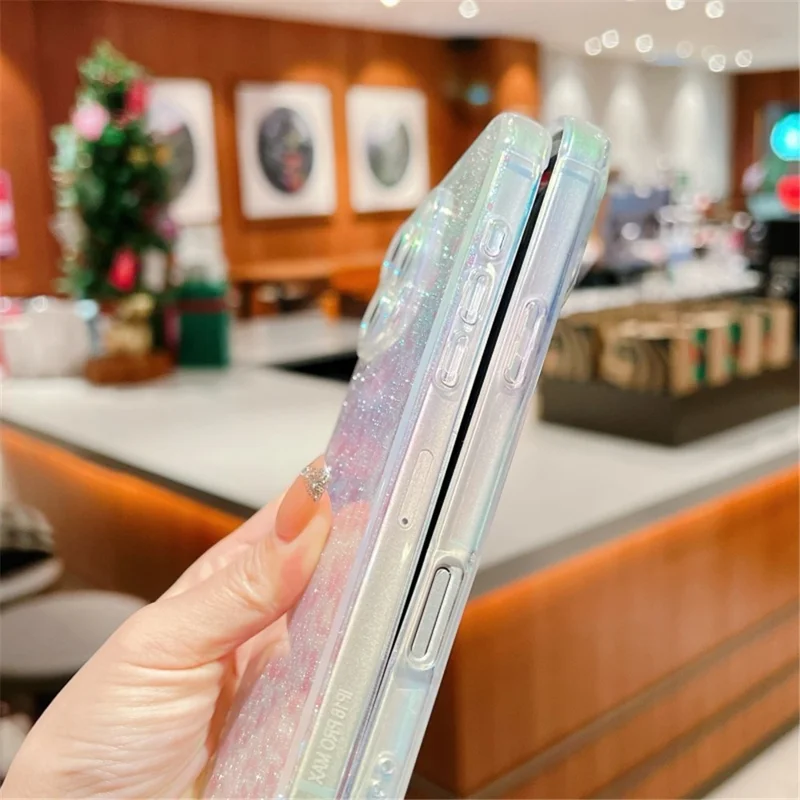 For iPhone 16 Pro Case Gradient TPU Phone Back Cover with Glitter Card Rhinestones Decor Strap - Pink