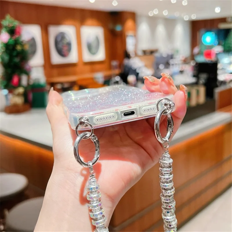 For iPhone 16 Pro Case Gradient TPU Phone Back Cover with Glitter Card Rhinestones Decor Strap - Pink