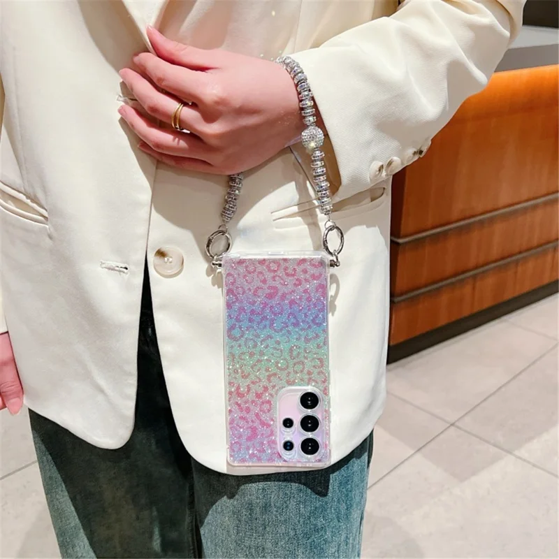 For Samsung Galaxy S23 Ultra Case Gradient TPU Phone Back Cover with Glitter Card Rhinestones Decor Strap - Pink