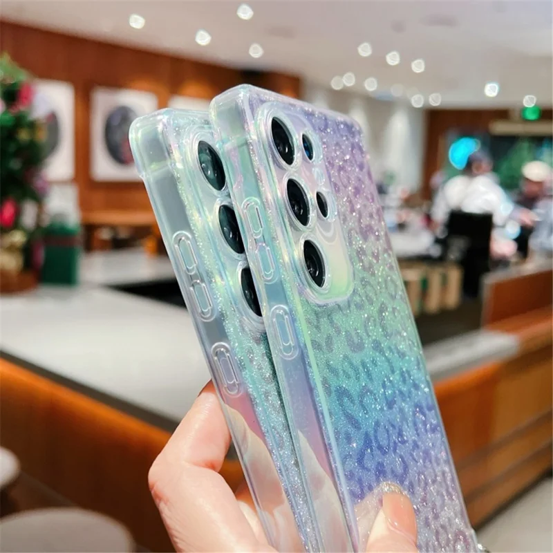 For Samsung Galaxy S23 Ultra Case Gradient TPU Phone Back Cover with Glitter Card Rhinestones Decor Strap - Pink