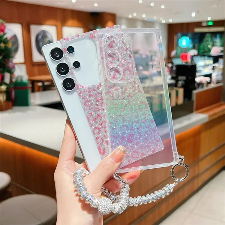 For Samsung Galaxy S24 Ultra Case Gradient TPU Phone Back Cover with Glitter Card Rhinestones Decor Strap - Pink