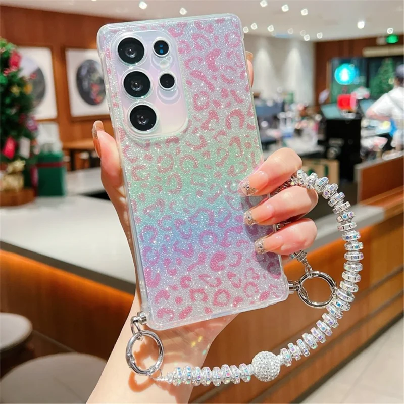 For Samsung Galaxy S25 Ultra Case Gradient TPU Phone Back Cover with Glitter Card Rhinestones Decor Strap - Pink