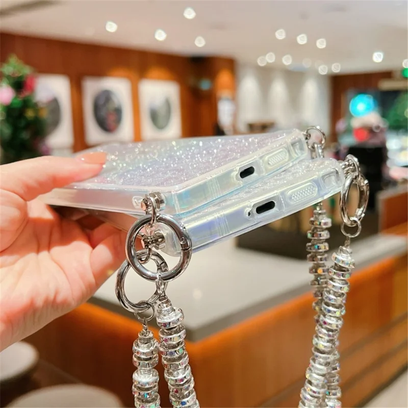 For Samsung Galaxy S25 Ultra Case Gradient TPU Phone Back Cover with Glitter Card Rhinestones Decor Strap - Pink