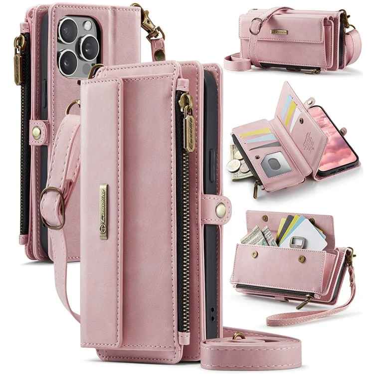 CASEME C39 Série Pour iPhone 13 Pro Étui RFID Bloquant 9 Fentes pour Cartes Fermeture Éclair Portefeuille Support Housse en Cuir avec Sangle - Rose