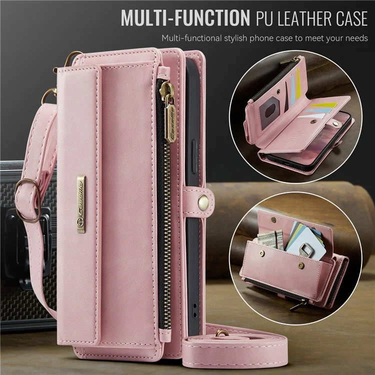 CASEME C39 Série Pour iPhone 13 Pro Étui RFID Bloquant 9 Fentes pour Cartes Fermeture Éclair Portefeuille Support Housse en Cuir avec Sangle - Rose