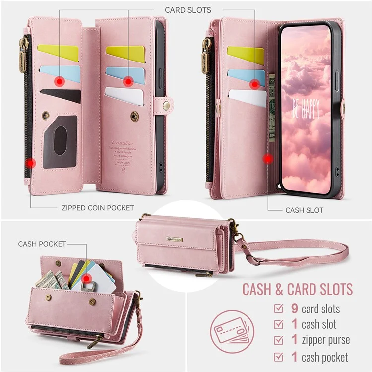 CASEME C39 Série Pour iPhone 13 Pro Étui RFID Bloquant 9 Fentes pour Cartes Fermeture Éclair Portefeuille Support Housse en Cuir avec Sangle - Rose