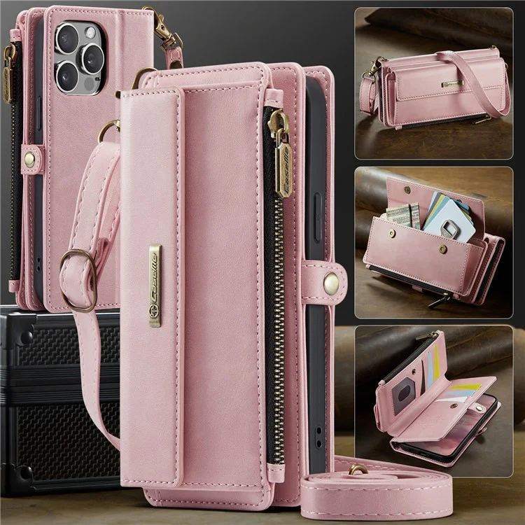 CASEME C39 Série Pour iPhone 13 Pro Étui RFID Bloquant 9 Fentes pour Cartes Fermeture Éclair Portefeuille Support Housse en Cuir avec Sangle - Rose