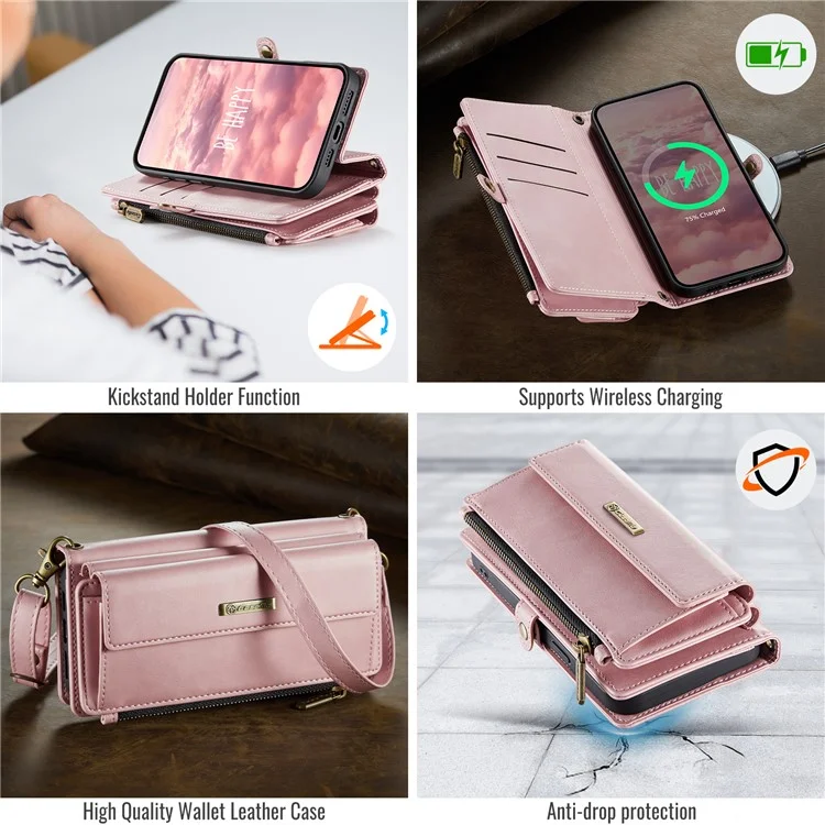 CASEME C39 Série Pour iPhone 13 Pro Étui RFID Bloquant 9 Fentes pour Cartes Fermeture Éclair Portefeuille Support Housse en Cuir avec Sangle - Rose