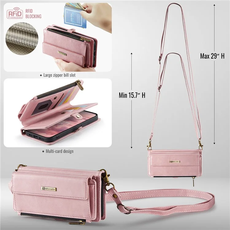 CASEME C39 Série Pour iPhone 13 Pro Étui RFID Bloquant 9 Fentes pour Cartes Fermeture Éclair Portefeuille Support Housse en Cuir avec Sangle - Rose
