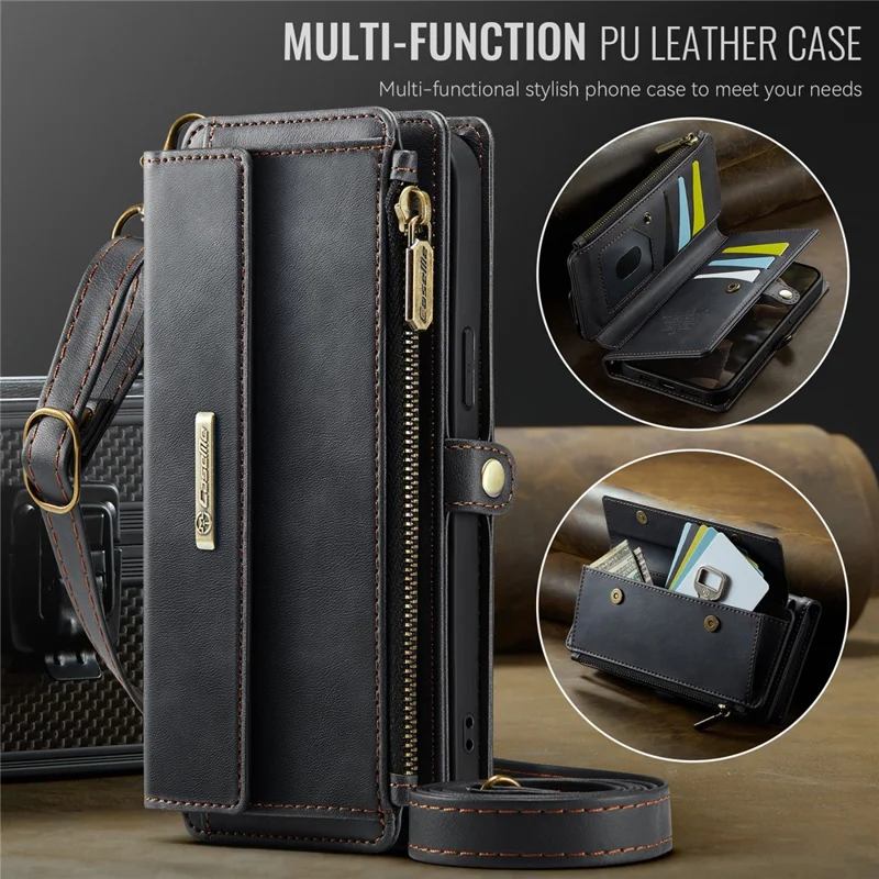 CASEME C39 Série Pour iPhone 13 Pro Étui Blocage RFID 9 Fentes pour Cartes Fermeture Éclair Portefeuille Support Housse en Cuir avec Sangle - Noir