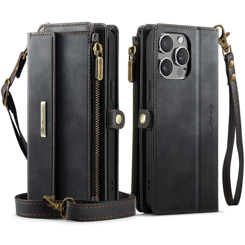 CASEME C39 Série Pour iPhone 13 Pro Étui Blocage RFID 9 Fentes pour Cartes Fermeture Éclair Portefeuille Support Housse en Cuir avec Sangle - Noir