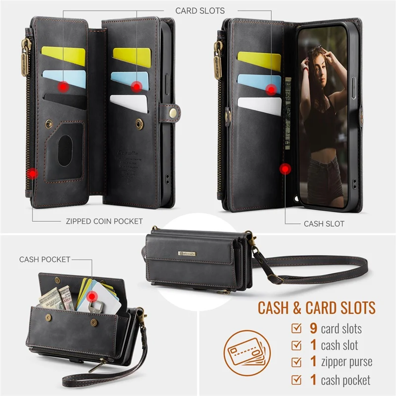 CASEME C39 Série Pour iPhone 13 Pro Étui Blocage RFID 9 Fentes pour Cartes Fermeture Éclair Portefeuille Support Housse en Cuir avec Sangle - Noir