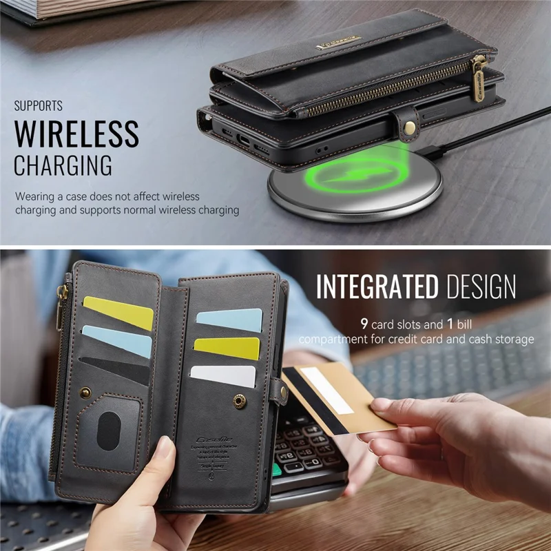 CASEME C39 Série Pour iPhone 13 Pro Étui Blocage RFID 9 Fentes pour Cartes Fermeture Éclair Portefeuille Support Housse en Cuir avec Sangle - Noir