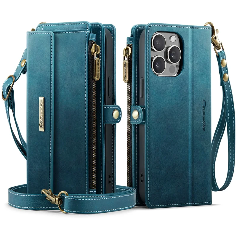 CASEME C39 Series For iPhone 13 Pro Case RFID Blocking 9 Card Slots Zipper Wallet Stand Leather Cover with Strap - Green